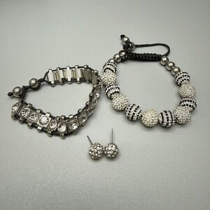 Rhinestone Bracelet and Earring Lot of 3 Black and Silver Tone